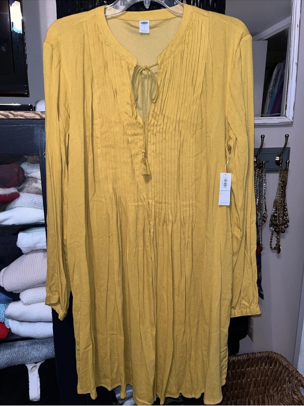 Old Navy Mustard Long-Sleeve Pleated Tie-Front Dress